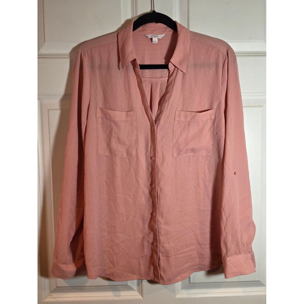Candie's Pink Glitter Striped Semi Sheer Button Up Blouse L